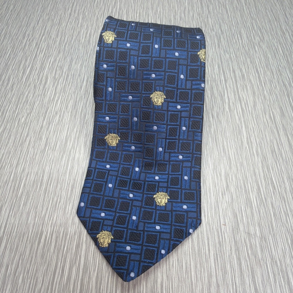Gianni Versace Medusa‎ Vintage Silk Tie Blue Geometric Made Italy 100% Silk
